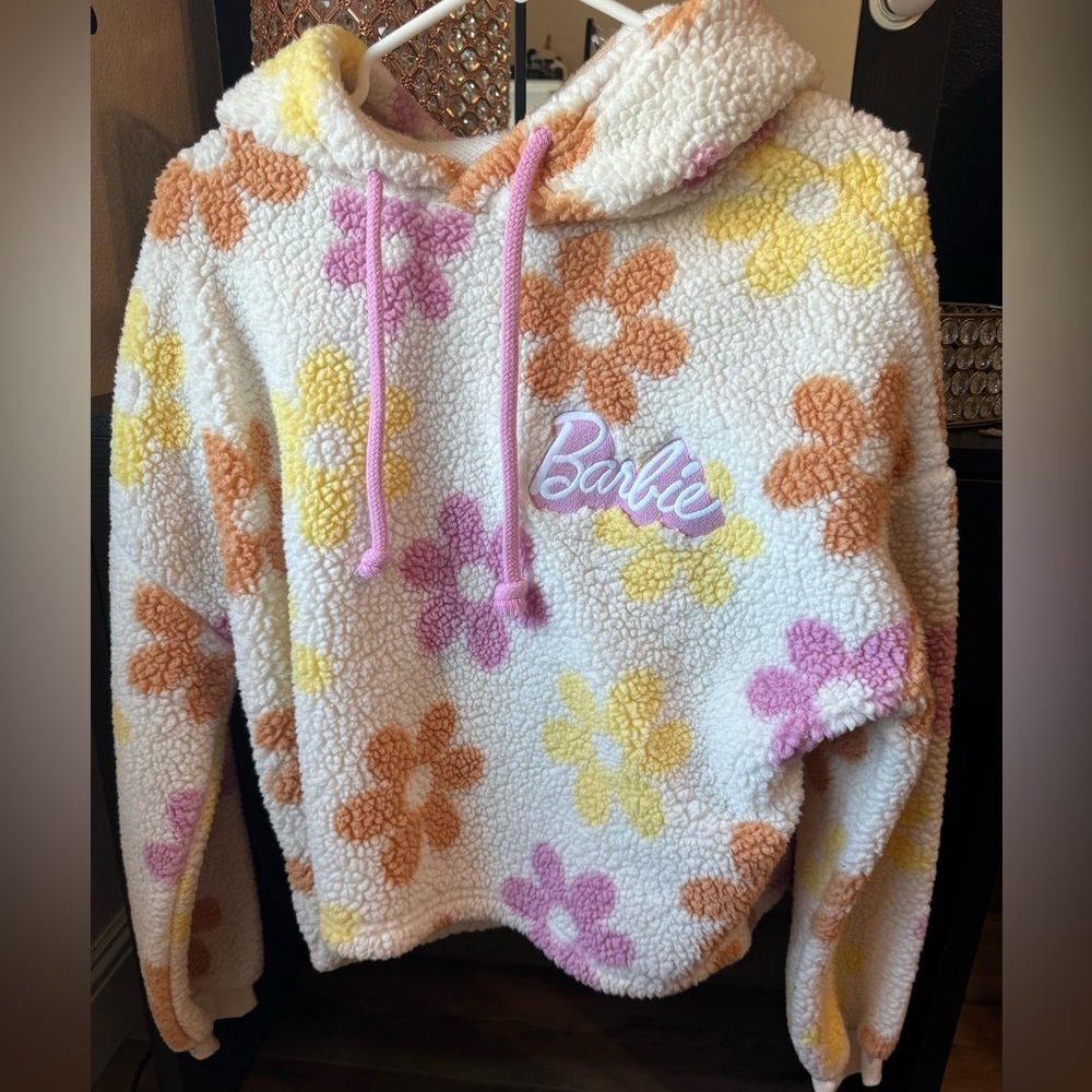 Barbie The Movie Sherpa Faux Fur Off White Pullover Hoodie Large #A6